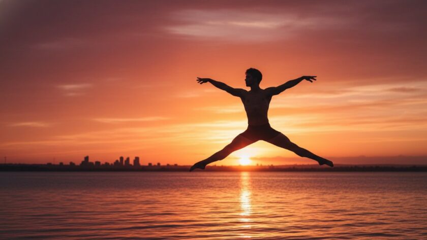 An epic moment of a dancer captured mid-leap against the dramatic sunset over Corio Bay, showcasing Dynamic Dance Photography Geelong Waterfront expertise with incredible grace and powerful movement.