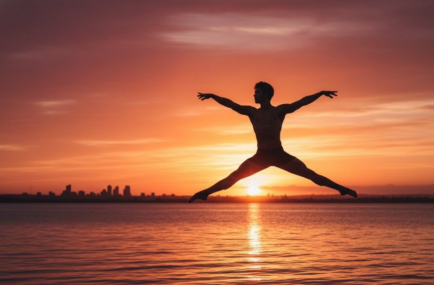An epic moment of a dancer captured mid-leap against the dramatic sunset over Corio Bay, showcasing Dynamic Dance Photography Geelong Waterfront expertise with incredible grace and powerful movement.
