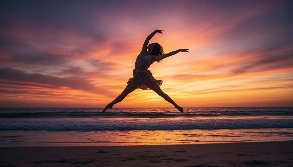Dynamic dance photography Hampton Victoria capturing a breathtaking leap by a contemporary dancer at sunset on Hampton Beach, showcasing powerful athleticism and grace against a vibrant sky.