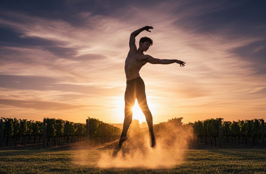 A male dancer in a powerful leap against a golden sunset in a Heathcote vineyard, showcasing dynamic dance photography Heathcote Victoria with dramatic lighting and professional colour grading.