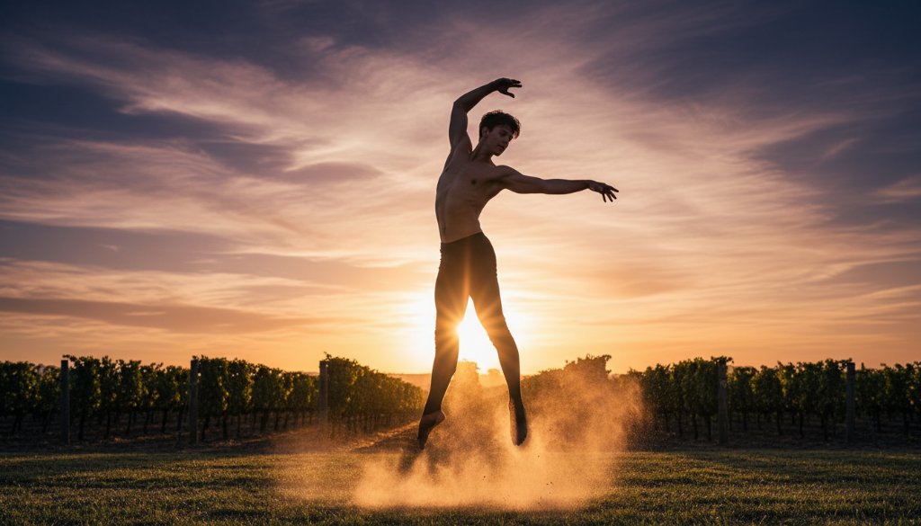 A male dancer in a powerful leap against a golden sunset in a Heathcote vineyard, showcasing dynamic dance photography Heathcote Victoria with dramatic lighting and professional colour grading.