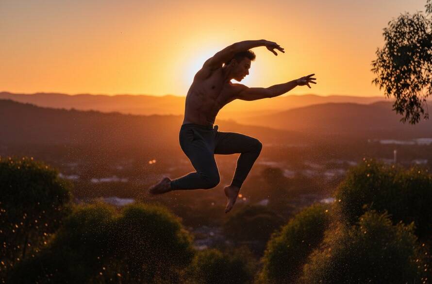A male contemporary dancer in a powerful, soaring leap against a vibrant Heatherdale sunset, expertly showcasing dynamic dance photography Heatherdale Victoria with dramatic rim lighting and perfect form.