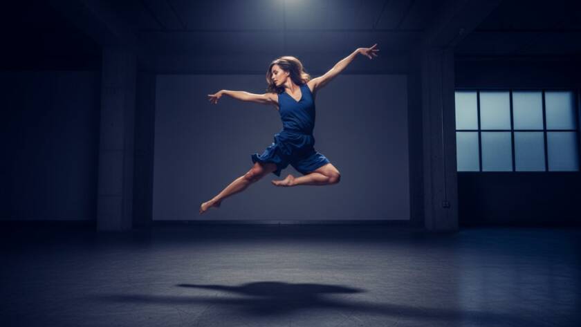 A breathtaking 'epic moment' photograph showcasing a contemporary dancer in full extension mid-leap, dramatically lit against a deep blue backdrop, embodying dynamic dance photography Heatherdale Victoria.