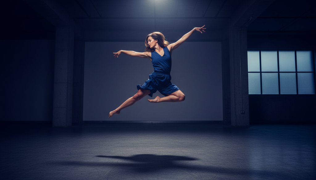 A breathtaking 'epic moment' photograph showcasing a contemporary dancer in full extension mid-leap, dramatically lit against a deep blue backdrop, embodying dynamic dance photography Heatherdale Victoria.