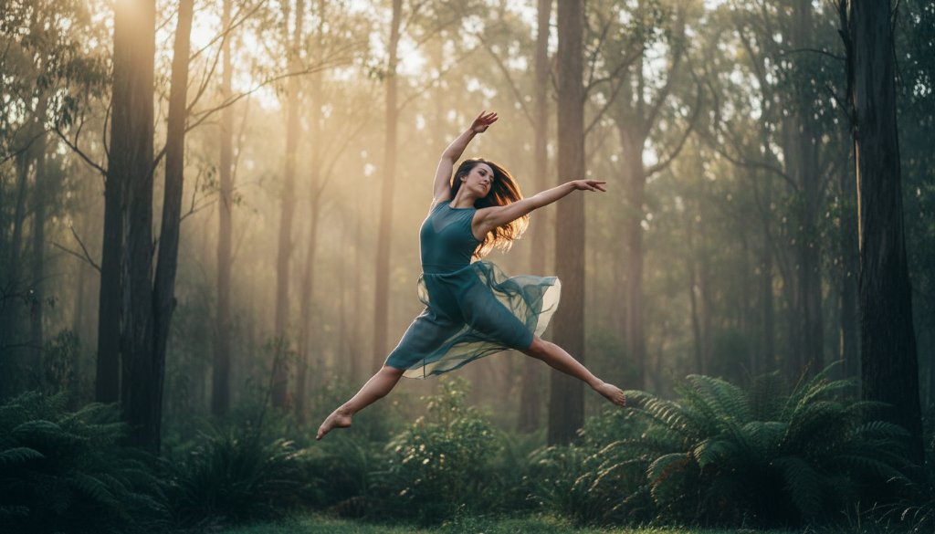 An artistic shot of a dancer mid-leap against a misty Hepburn Springs landscape, showcasing dynamic dance photography Hepburn Springs with dramatic lighting and professional colour grading.