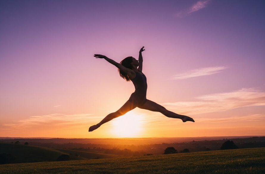 An ethereal and dynamic dance photography Herne Hill studios shot of a ballet dancer mid-air, silhouetted against a dramatic sunset over Herne Hill's rolling hills, capturing an epic leap with artistic flair.