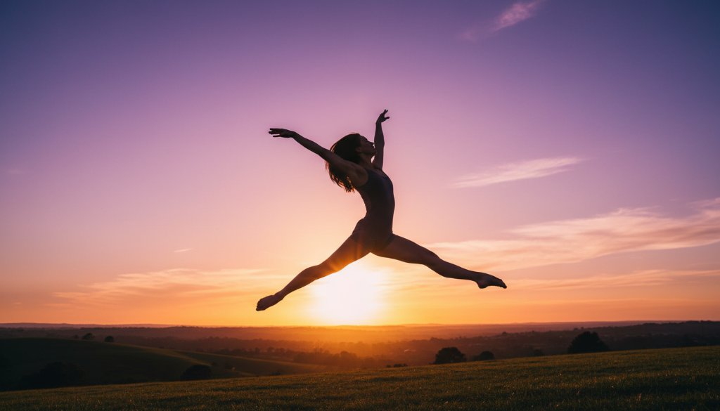 An ethereal and dynamic dance photography Herne Hill studios shot of a ballet dancer mid-air, silhouetted against a dramatic sunset over Herne Hill's rolling hills, capturing an epic leap with artistic flair.