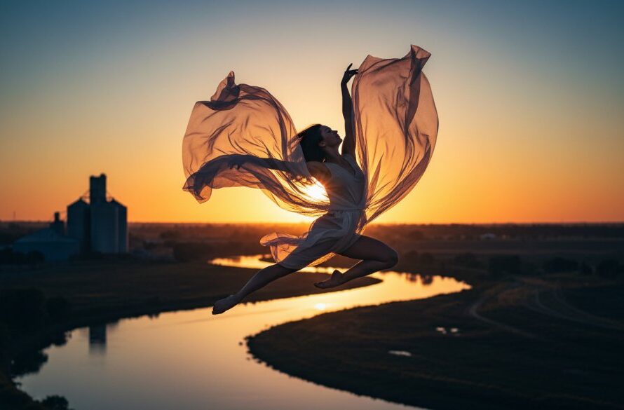 A professional photograph showcasing a dancer in an epic, dynamic pose, mid-air against a beautiful Horsham sunset backdrop, embodying the essence of dynamic dance photography Horsham capturing grace with dramatic lighting.