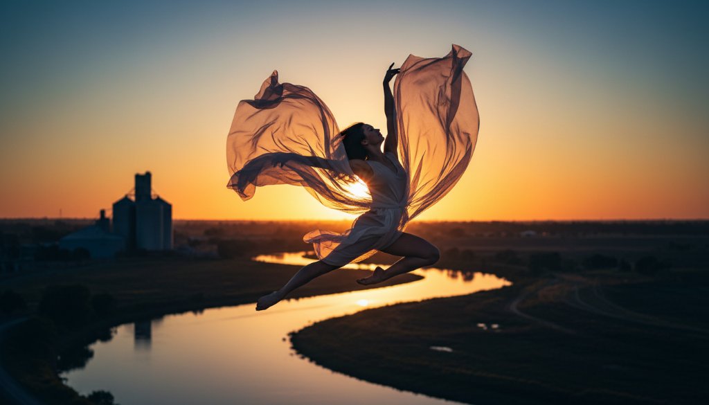 A professional photograph showcasing a dancer in an epic, dynamic pose, mid-air against a beautiful Horsham sunset backdrop, embodying the essence of dynamic dance photography Horsham capturing grace with dramatic lighting.