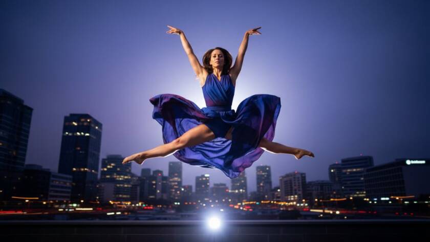 Dynamic dance photography in Huntingdale, Victoria, showing a dancer mid-leap in dramatic lighting against an urban backdrop, capturing an epic moment of athleticism and grace.