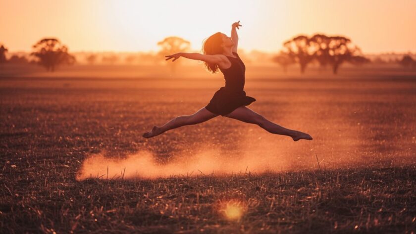 A dramatic shot showcasing a dancer's powerful leap against the golden hour glow of Huntly, Victoria, perfectly embodying dynamic dance photography Huntly Victoria for aspiring artists, with the dancer silhouetted against a rustic farm backdrop.