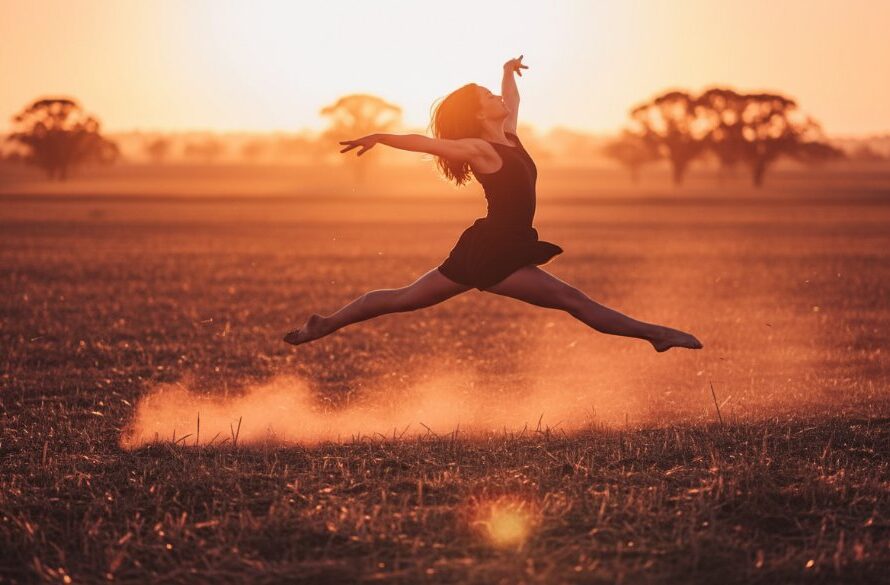 A dramatic shot showcasing a dancer's powerful leap against the golden hour glow of Huntly, Victoria, perfectly embodying dynamic dance photography Huntly Victoria for aspiring artists, with the dancer silhouetted against a rustic farm backdrop.
