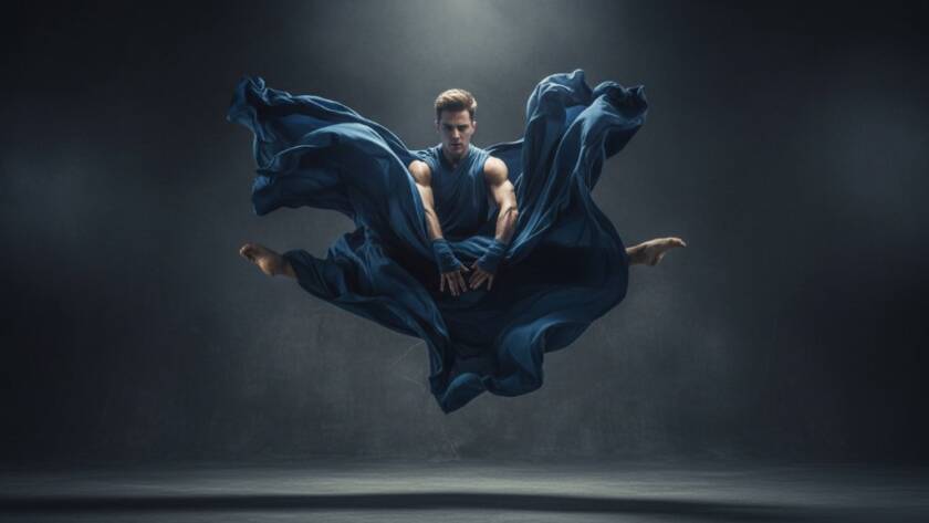 An elegant dancer mid-leap, silhouetted against a dramatic spotlight during dynamic dance photography Keilor studio sessions, showcasing powerful movement and grace in a professional shot.