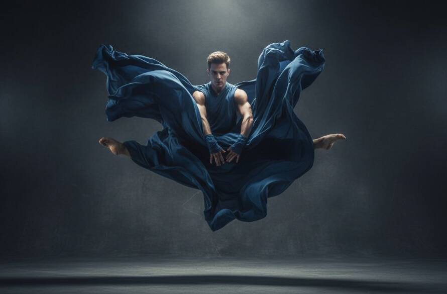 An elegant dancer mid-leap, silhouetted against a dramatic spotlight during dynamic dance photography Keilor studio sessions, showcasing powerful movement and grace in a professional shot.