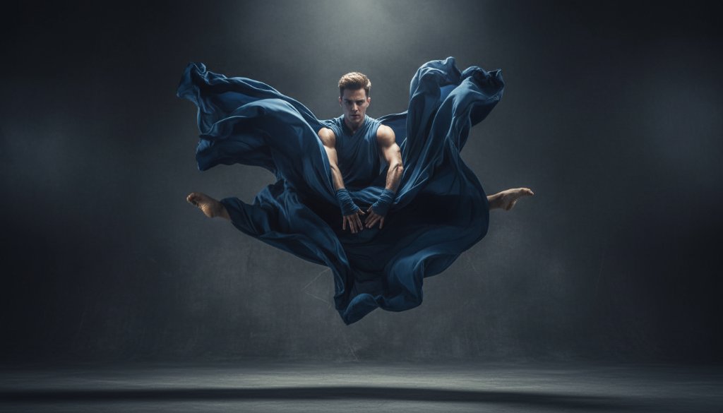 An elegant dancer mid-leap, silhouetted against a dramatic spotlight during dynamic dance photography Keilor studio sessions, showcasing powerful movement and grace in a professional shot.