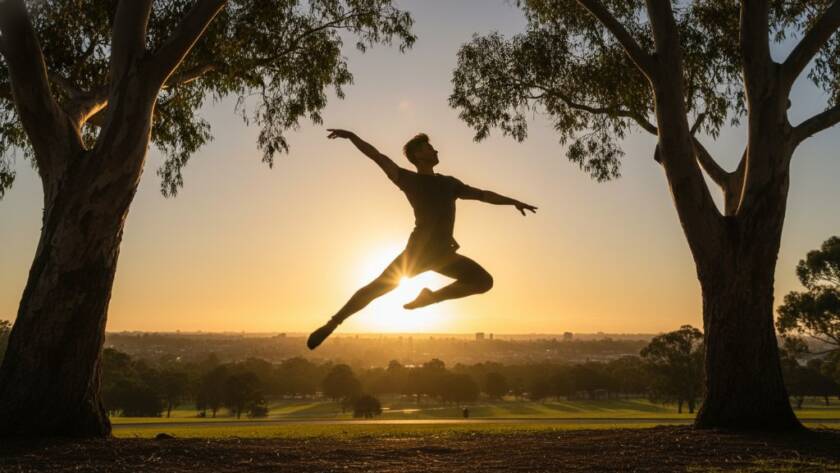 An epic moment in dynamic dance photography Kings Park Victoria, showcasing a dancer mid-leap against a backdrop of ancient gum trees, bathed in dramatic golden hour light, professionally color graded.