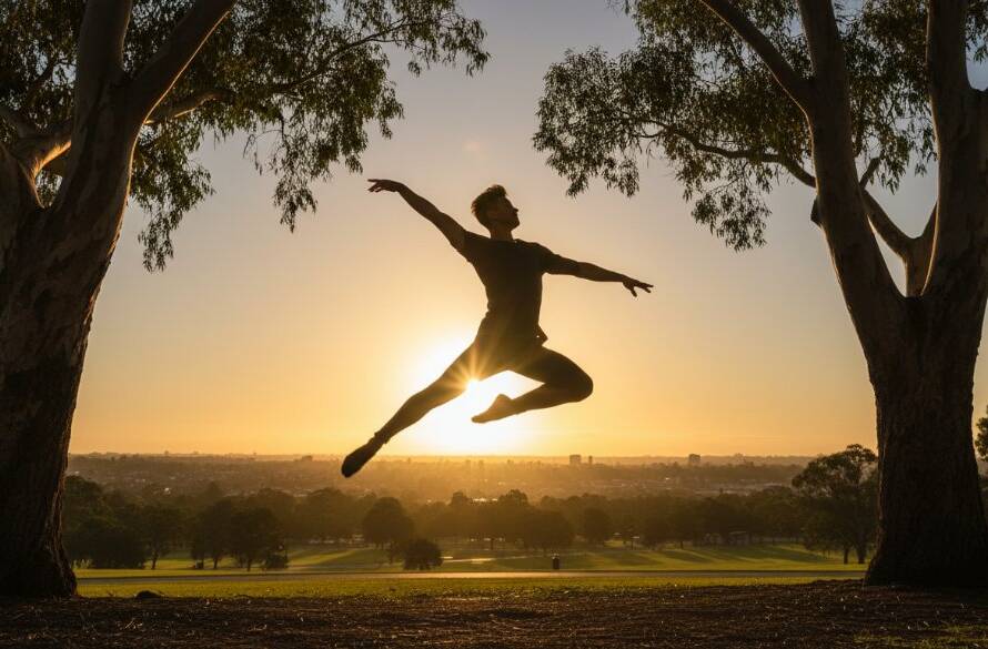 An epic moment in dynamic dance photography Kings Park Victoria, showcasing a dancer mid-leap against a backdrop of ancient gum trees, bathed in dramatic golden hour light, professionally color graded.