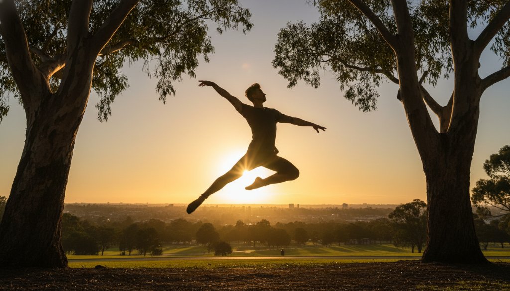 An epic moment in dynamic dance photography Kings Park Victoria, showcasing a dancer mid-leap against a backdrop of ancient gum trees, bathed in dramatic golden hour light, professionally color graded.