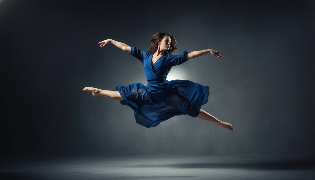 A dancer in mid-air, performing an elegant leap against a dramatic studio backdrop, bathed in theatrical lighting, showcasing dynamic dance photography Langwarrin studio sessions at their peak.