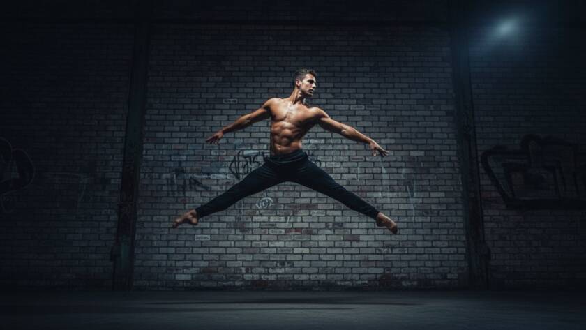 Dynamic dance photography Maribyrnong studios featuring a powerful male dancer mid-leap against a dramatically lit industrial backdrop near the Maribyrnong River, showcasing an epic moment of athletic grace and artistic expression with professional colour grading.