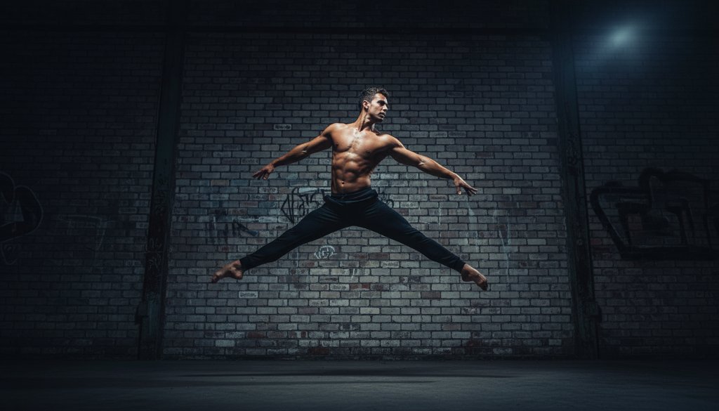 Dynamic dance photography Maribyrnong studios featuring a powerful male dancer mid-leap against a dramatically lit industrial backdrop near the Maribyrnong River, showcasing an epic moment of athletic grace and artistic expression with professional colour grading.
