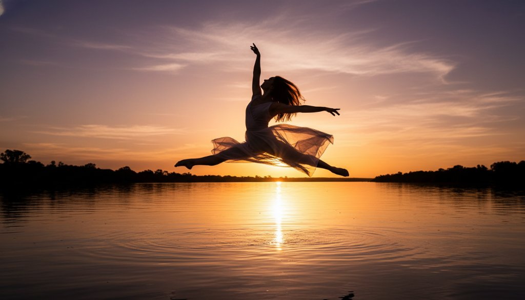 An epic moment captured in dynamic dance photography Merbein Victoria, showing a dancer mid-leap against a sunset backdrop over the Murray River, embodying grace and power with dramatic lighting and professional color grading.