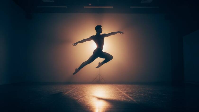 A ballet dancer mid-air, bathed in dramatic spotlight, embodying dynamic dance photography Mitcham Victoria studios artistry during an epic, powerful leap within a modern studio setting.