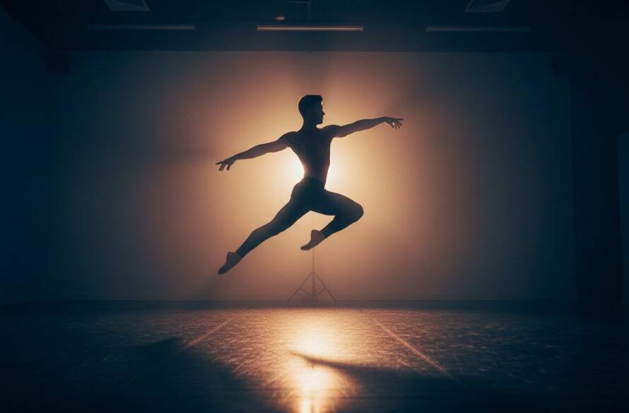 A ballet dancer mid-air, bathed in dramatic spotlight, embodying dynamic dance photography Mitcham Victoria studios artistry during an epic, powerful leap within a modern studio setting.