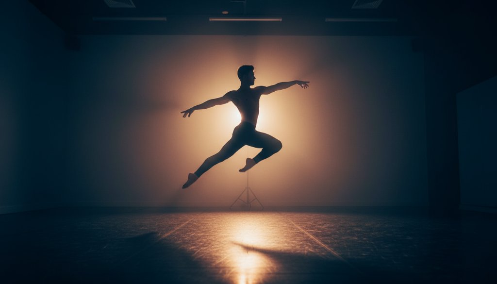 A ballet dancer mid-air, bathed in dramatic spotlight, embodying dynamic dance photography Mitcham Victoria studios artistry during an epic, powerful leap within a modern studio setting.