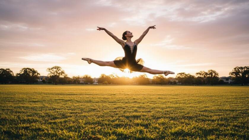 Dynamic dance photography Mont Albert North featuring a ballet dancer mid-air in a dramatic leap at a local park, illuminated by golden hour sunlight, capturing an epic moment of grace and power.