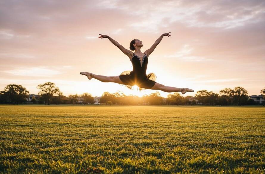 Dynamic dance photography Mont Albert North featuring a ballet dancer mid-air in a dramatic leap at a local park, illuminated by golden hour sunlight, capturing an epic moment of grace and power.