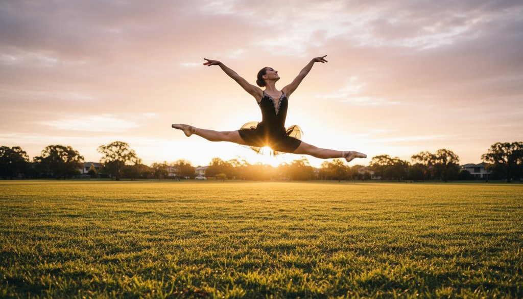 Dynamic dance photography Mont Albert North featuring a ballet dancer mid-air in a dramatic leap at a local park, illuminated by golden hour sunlight, capturing an epic moment of grace and power.