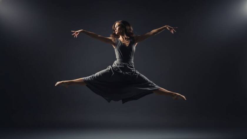 A professional photograph showcasing a female contemporary dancer mid-air in a dramatic leap against a dark, moody backdrop with a spotlight, embodying dynamic dance photography Mount Waverley Victoria.