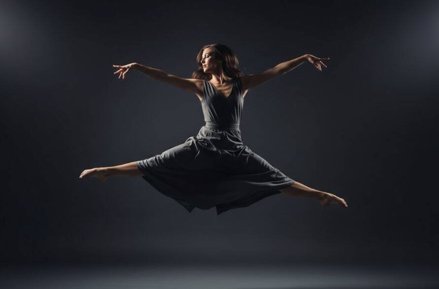 A professional photograph showcasing a female contemporary dancer mid-air in a dramatic leap against a dark, moody backdrop with a spotlight, embodying dynamic dance photography Mount Waverley Victoria.