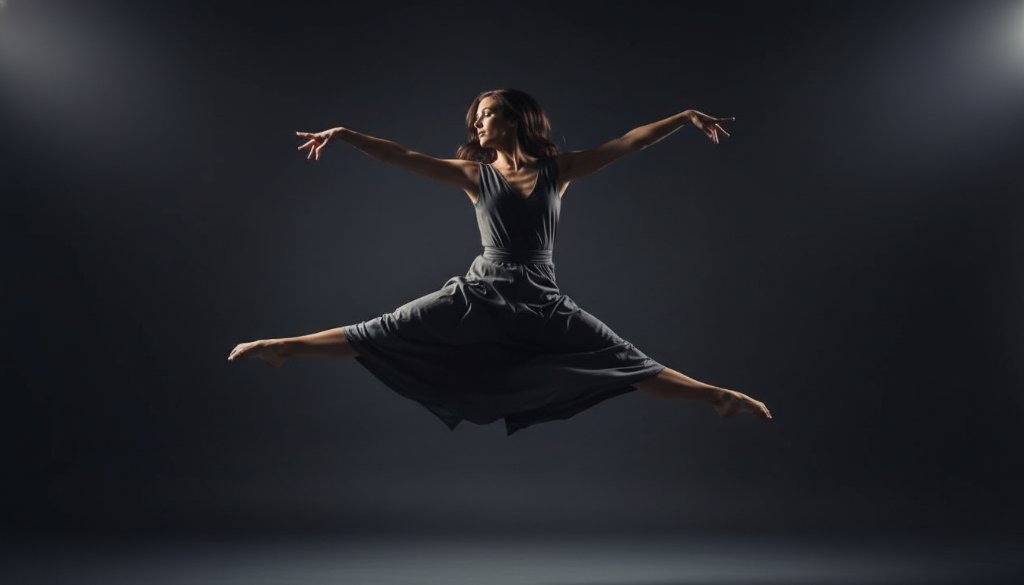 A professional photograph showcasing a female contemporary dancer mid-air in a dramatic leap against a dark, moody backdrop with a spotlight, embodying dynamic dance photography Mount Waverley Victoria.