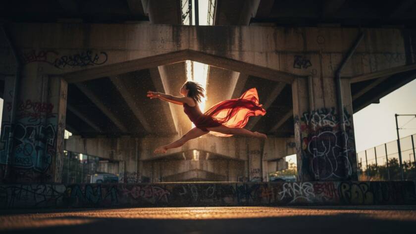 An elegant dancer mid-air, bathed in dramatic theatrical lighting, performing an exquisite leap in a studio setting, showcasing dynamic dance photography Noble Park Victoria with exceptional clarity and emotion.