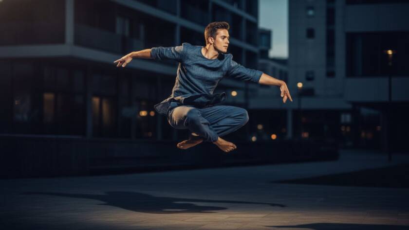 A male contemporary dancer in mid-air, performing a powerful leap with perfect form, dramatically lit against a softly blurred urban backdrop of Notting Hill Victoria, showcasing dynamic dance photography Notting Hill Victoria.