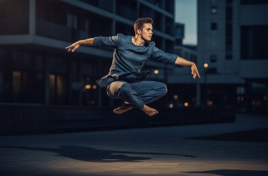 A male contemporary dancer in mid-air, performing a powerful leap with perfect form, dramatically lit against a softly blurred urban backdrop of Notting Hill Victoria, showcasing dynamic dance photography Notting Hill Victoria.