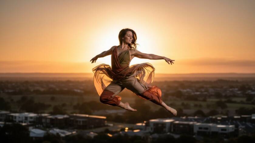 A powerful and dramatic photograph showcasing Dynamic Dance Photography Officer Victoria, featuring a dancer mid-leap, silhouetted against a golden sunset over a scenic Officer landscape, capturing grace and athleticism.