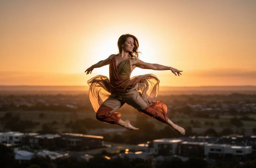 A powerful and dramatic photograph showcasing Dynamic Dance Photography Officer Victoria, featuring a dancer mid-leap, silhouetted against a golden sunset over a scenic Officer landscape, capturing grace and athleticism.