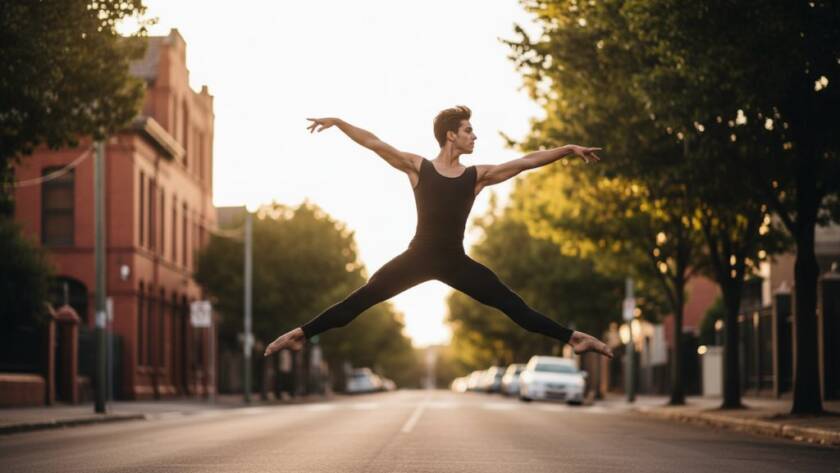 A male ballet dancer mid-air, caught in an incredible dynamic dance photography Ormond Victoria moment, performing a powerful leap against a soft-focused urban Ormond street scene at dusk, with dramatic stage-like lighting.