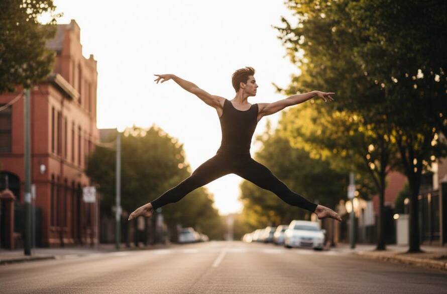 A male ballet dancer mid-air, caught in an incredible dynamic dance photography Ormond Victoria moment, performing a powerful leap against a soft-focused urban Ormond street scene at dusk, with dramatic stage-like lighting.