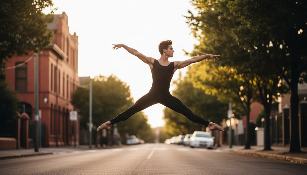 A male ballet dancer mid-air, caught in an incredible dynamic dance photography Ormond Victoria moment, performing a powerful leap against a soft-focused urban Ormond street scene at dusk, with dramatic stage-like lighting.