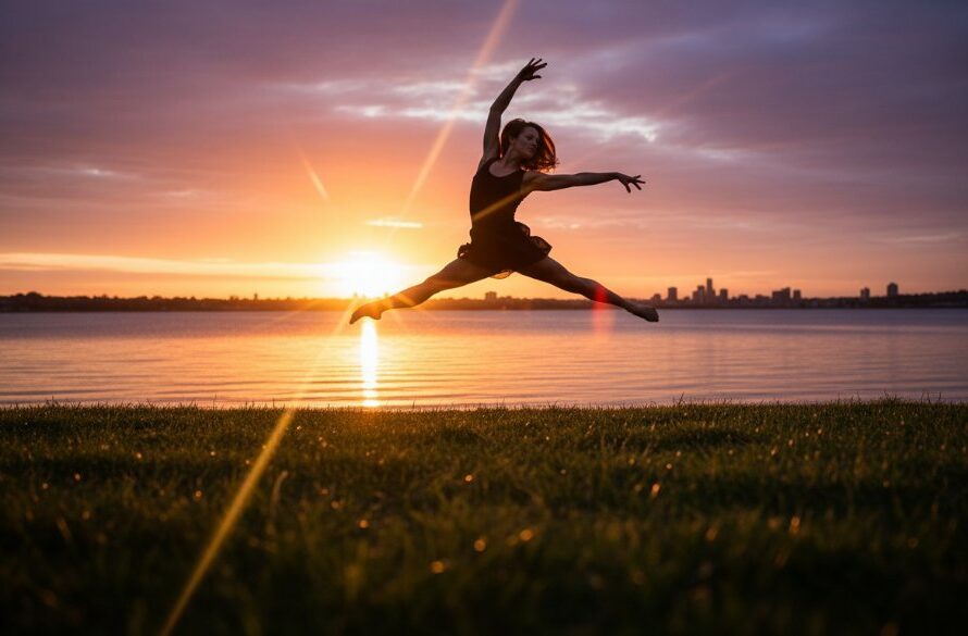 A female contemporary dancer in a powerful, dynamic leap against the scenic backdrop of Rippleside's foreshore at sunset, showcasing an epic moment in dynamic dance photography Rippleside Victoria, with dramatic golden hour lighting.