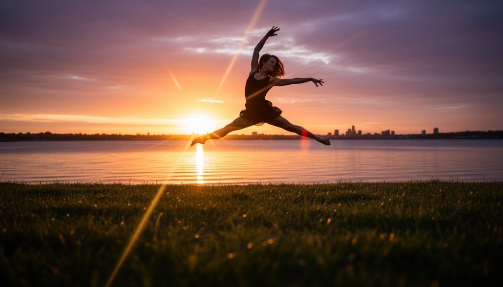 A female contemporary dancer in a powerful, dynamic leap against the scenic backdrop of Rippleside's foreshore at sunset, showcasing an epic moment in dynamic dance photography Rippleside Victoria, with dramatic golden hour lighting.