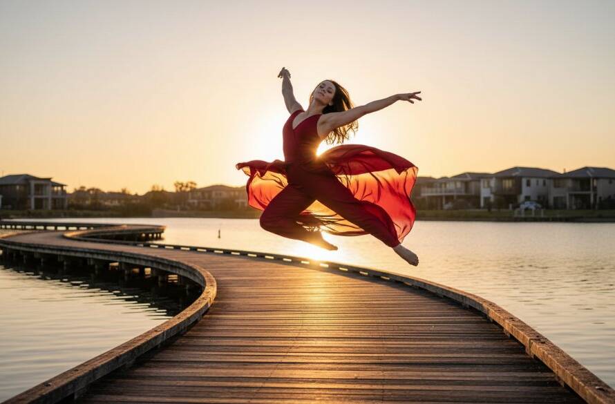 A female contemporary dancer captured mid-air in a powerful leap against the golden hour light over the Sanctuary Lakes boardwalk, showcasing dynamic dance photography Sanctuary Lakes.