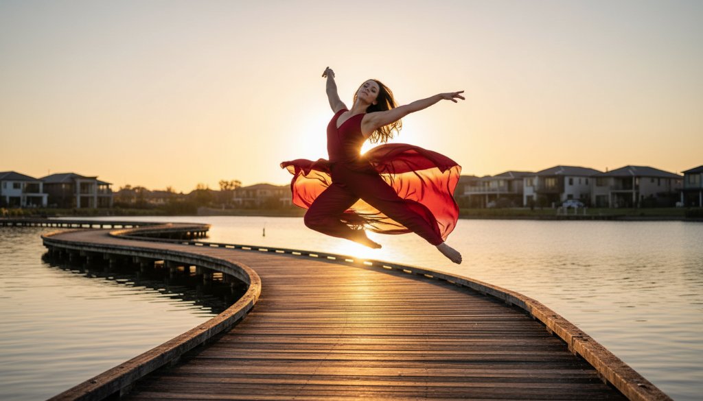 A female contemporary dancer captured mid-air in a powerful leap against the golden hour light over the Sanctuary Lakes boardwalk, showcasing dynamic dance photography Sanctuary Lakes.