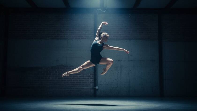 A breathtaking moment of dynamic dance photography Scoresby Victoria, featuring a contemporary dancer mid-air in an elegant leap, illuminated by dramatic spotlighting against a moody, blurred studio backdrop, showcasing intense emotion and powerful athleticism.