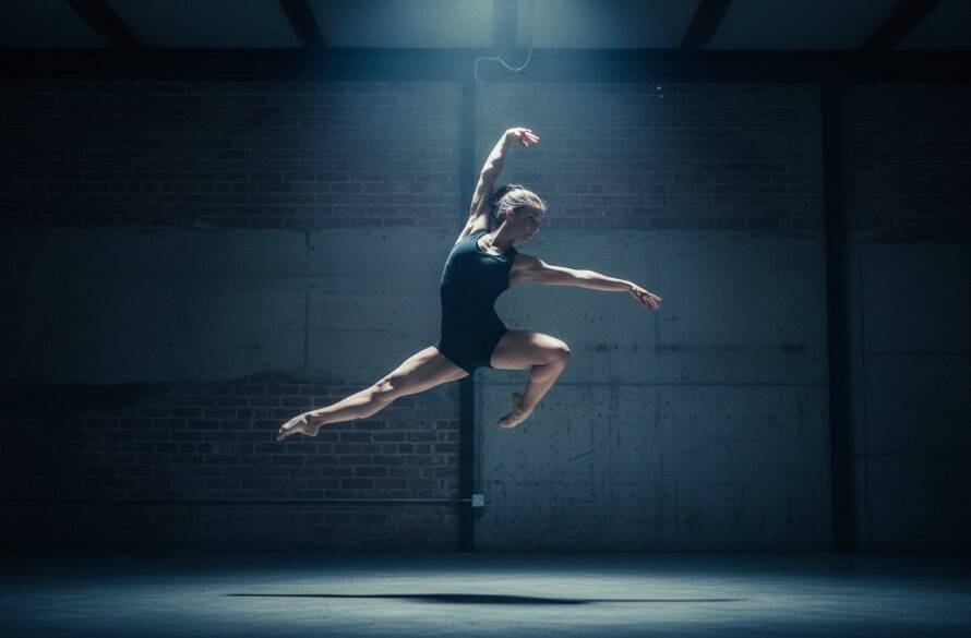 A breathtaking moment of dynamic dance photography Scoresby Victoria, featuring a contemporary dancer mid-air in an elegant leap, illuminated by dramatic spotlighting against a moody, blurred studio backdrop, showcasing intense emotion and powerful athleticism.