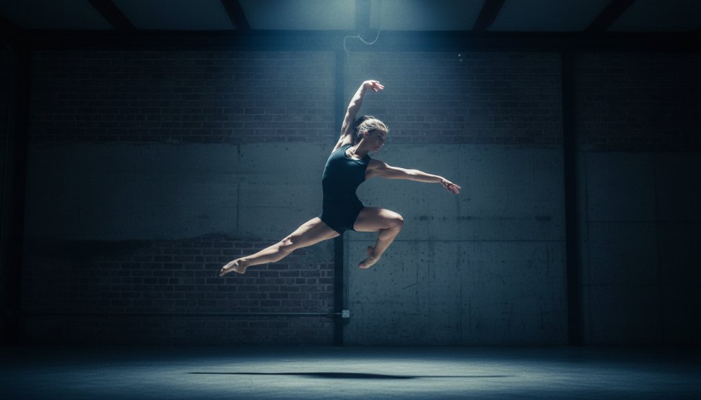 A breathtaking moment of dynamic dance photography Scoresby Victoria, featuring a contemporary dancer mid-air in an elegant leap, illuminated by dramatic spotlighting against a moody, blurred studio backdrop, showcasing intense emotion and powerful athleticism.